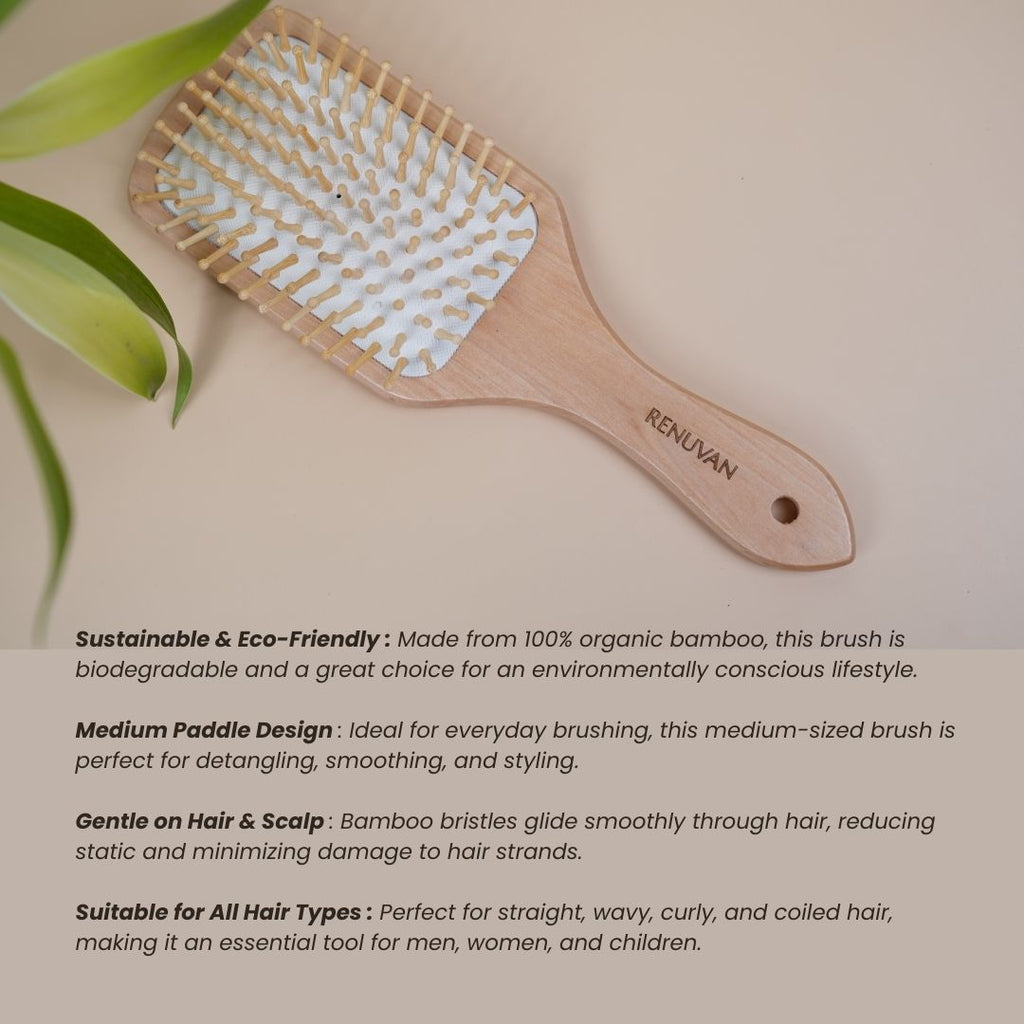 Renuvan Organic Bamboo Medium Paddle Hair Brush | Eco-Friendly Hair Care Solution for All Hair Types