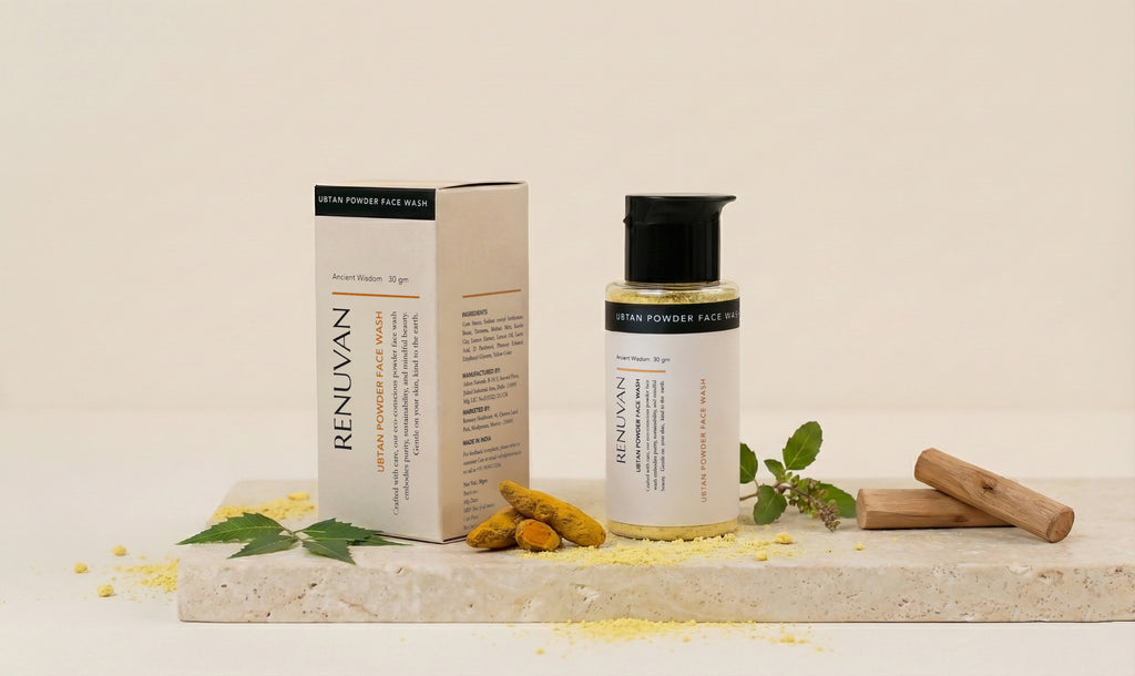 Renulavan skincare products on a neutral background