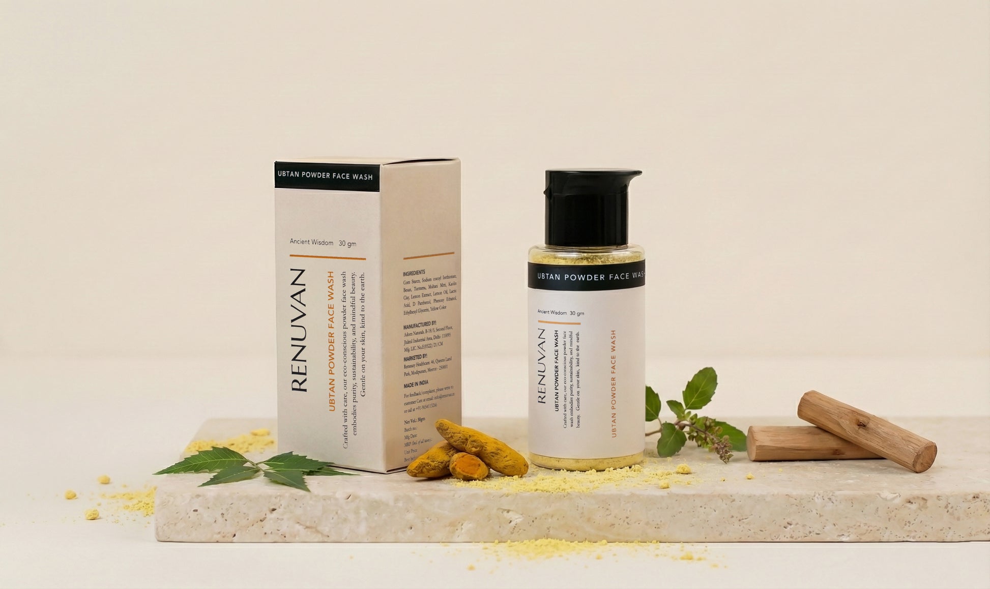 Renulavan skincare products on a neutral background