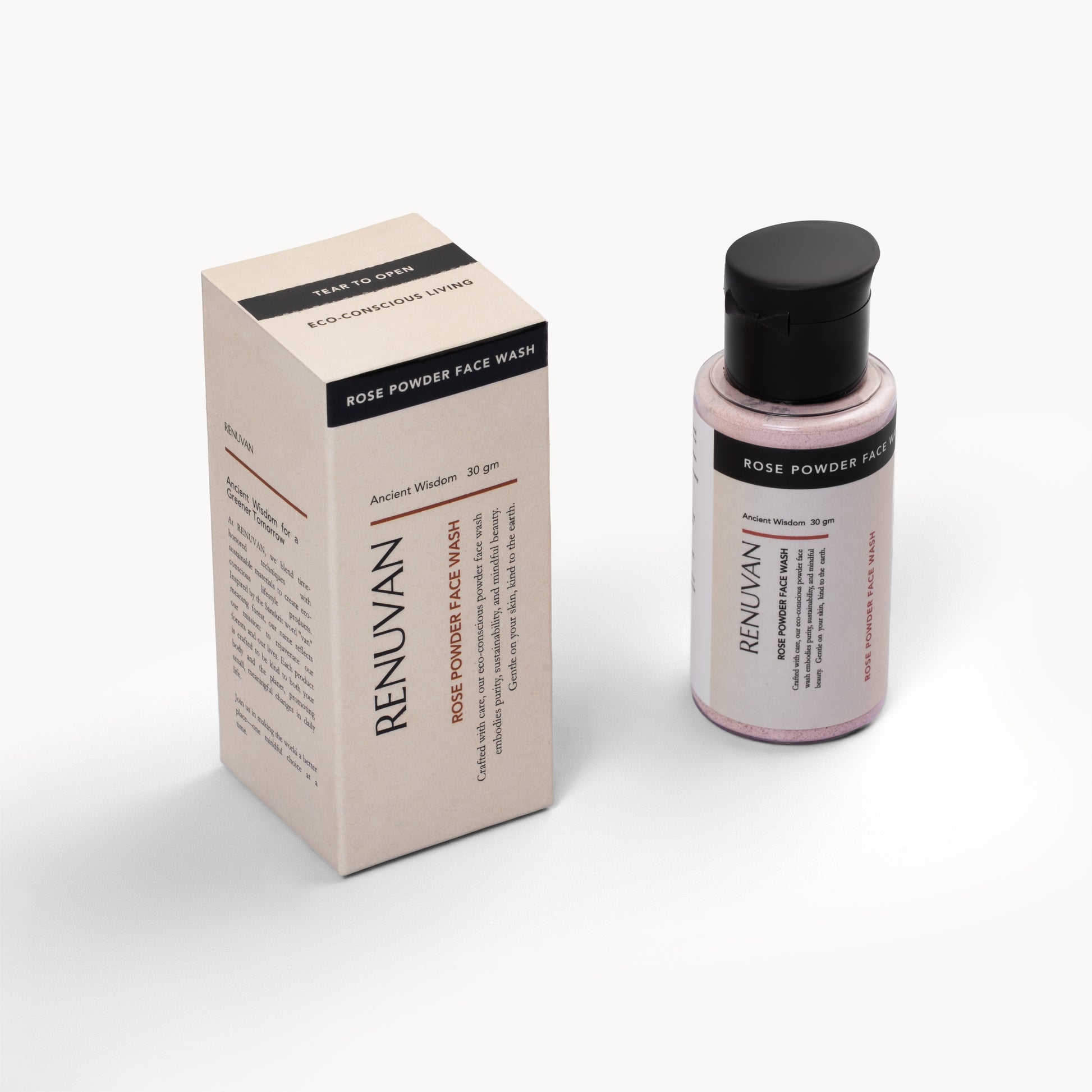 Renuvan Rose Powder Face Wash bottle and packaging on a white background