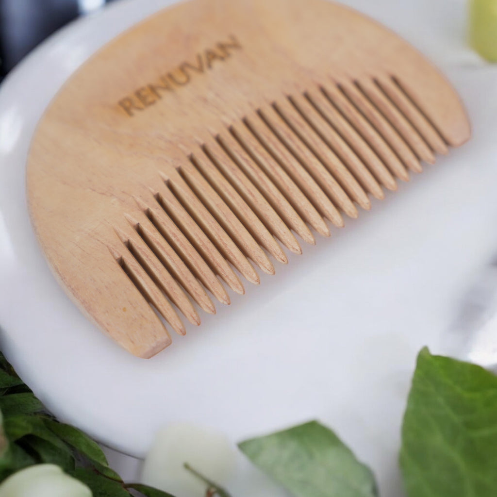 Renuvan Sustainable Wooden Beard Comb - Eco-Friendly, Natural, Gentle on Beard & Skin, Detangles, Anti-Static, Handmade, Zero-Waste