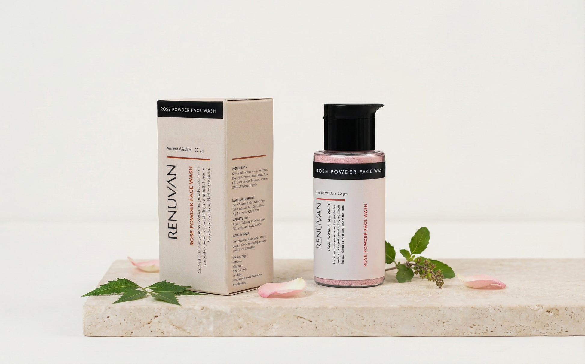 Pink rose powder face wash texture, Renuvan organic rose cleanser bottle, Best face wash for dry skin India, Rose petal skincare ingredients.