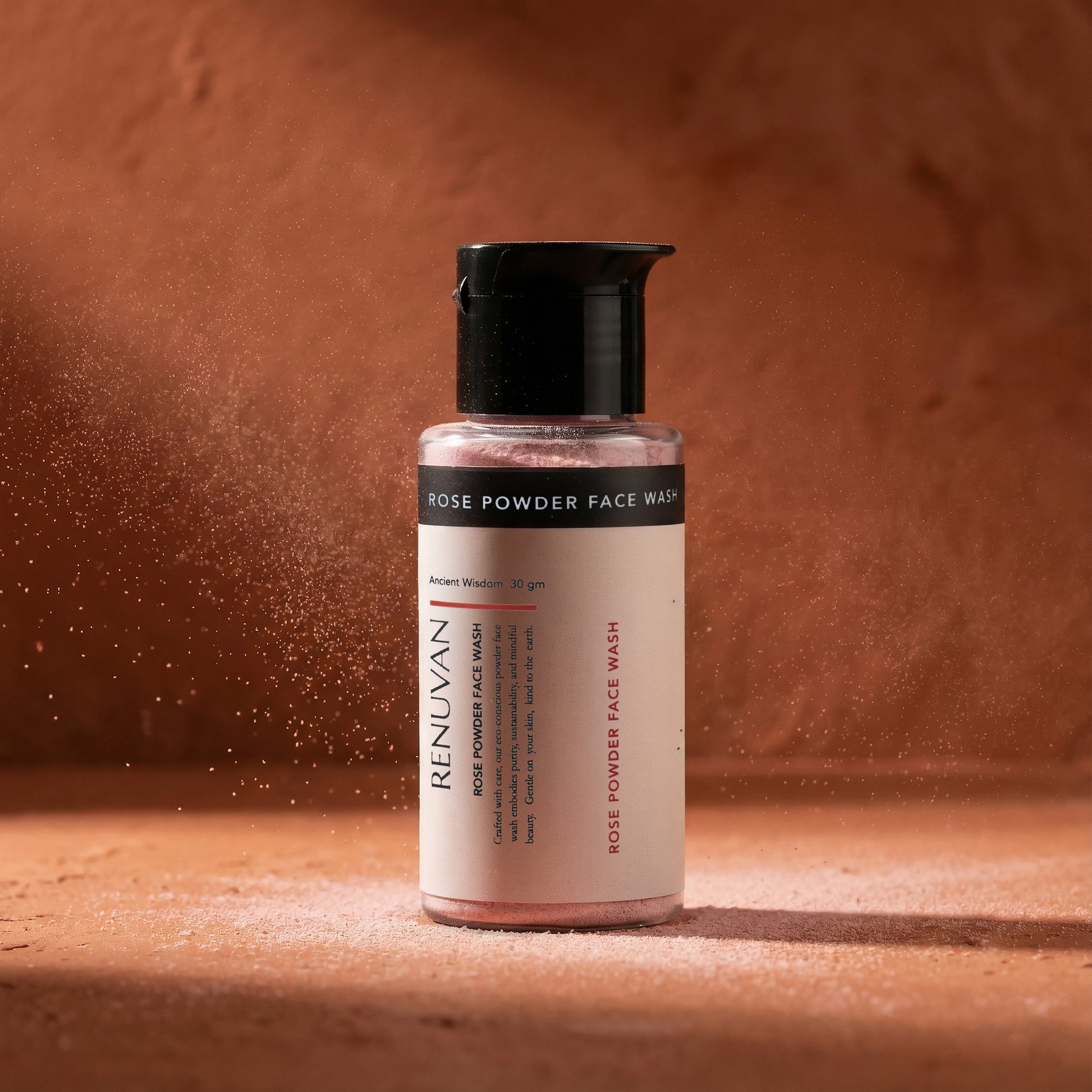 Pink rose powder face wash texture, Renuvan organic rose cleanser bottle, Best face wash for dry skin India, Rose petal skincare ingredients.