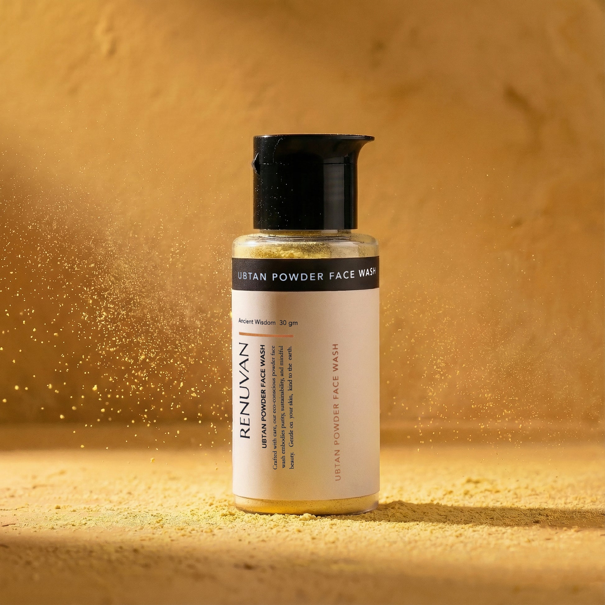 Renuvan Ubtan Powder Face Wash bottle, Natural turmeric face cleanser texture, Best tan removal face wash India, Eco-friendly skincare packaging.