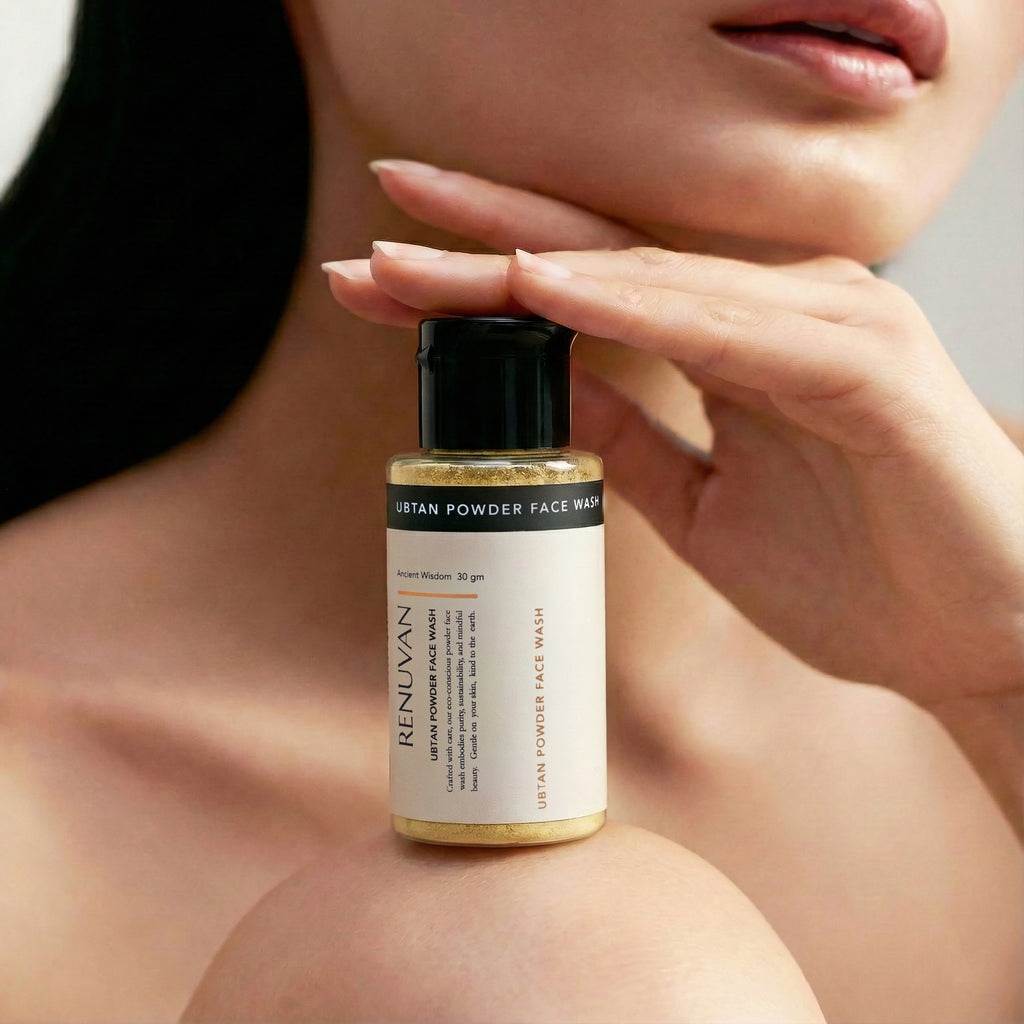 Renuvan Ubtan Powder Face Wash bottle, Natural turmeric face cleanser texture, Best tan removal face wash India, Eco-friendly skincare packaging.
