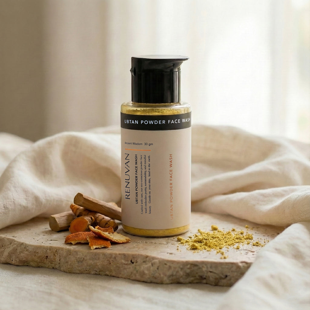 Renuvan Ubtan Powder Face Wash bottle, Natural turmeric face cleanser texture, Best tan removal face wash India, Eco-friendly skincare packaging.